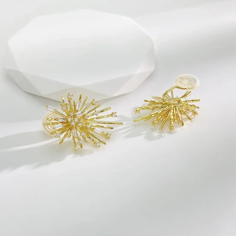 Sparkling gold firework zirconia earrings for women, crafted from hypoallergenic sterling silver.