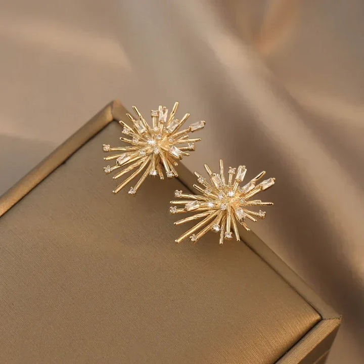 Unique women's gold firework design zirconia earrings, high-quality sterling silver jewelry.