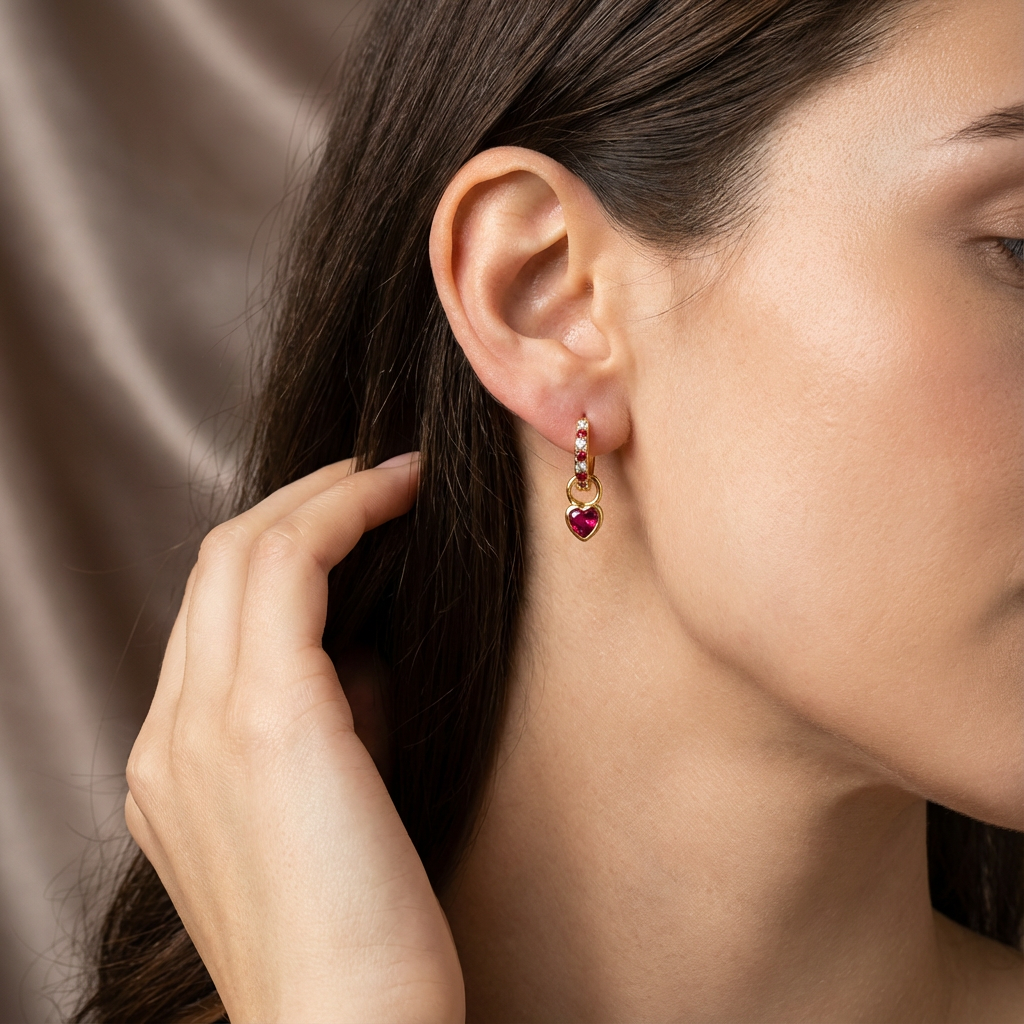Women's pink sparkling heart earrings, made with zircon and gold, designed for a charming, elegant look.