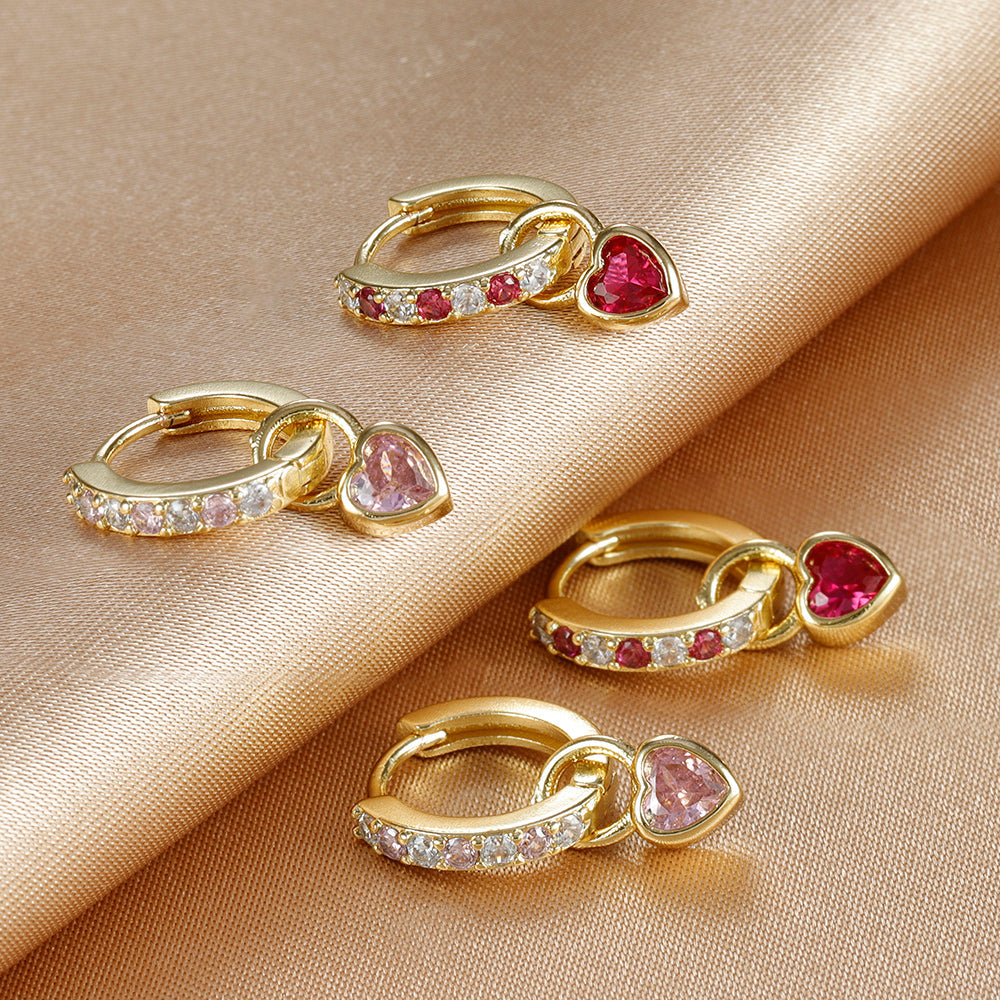 Charming women's heart-shaped earrings, available in green, pink, rose red, and gold, with sparkling zircon.