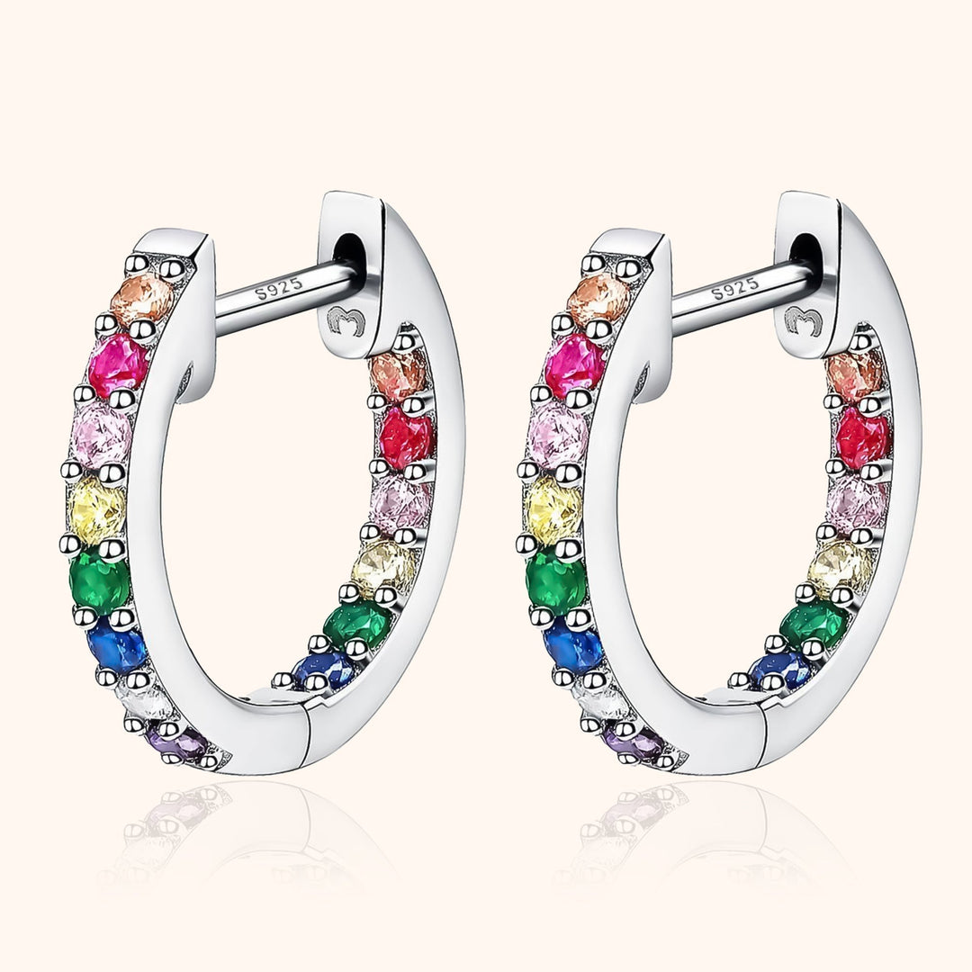 Sparkling Rainbow Hoop Earrings for women, gold plated sterling silver with colorful zirconia.