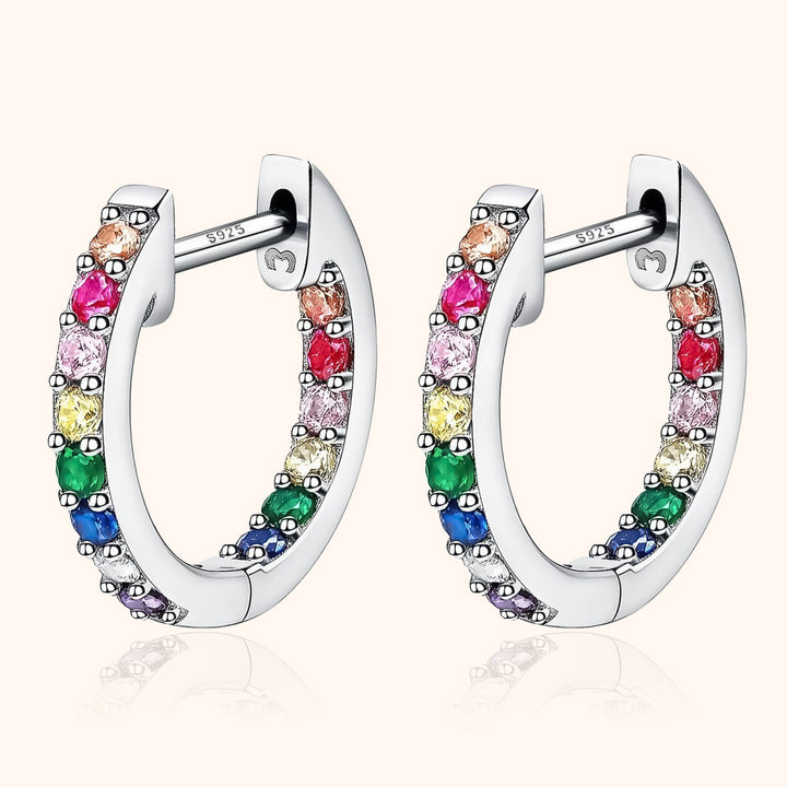 Sparkling Rainbow Hoop Earrings for women, gold plated sterling silver with colorful zirconia.
