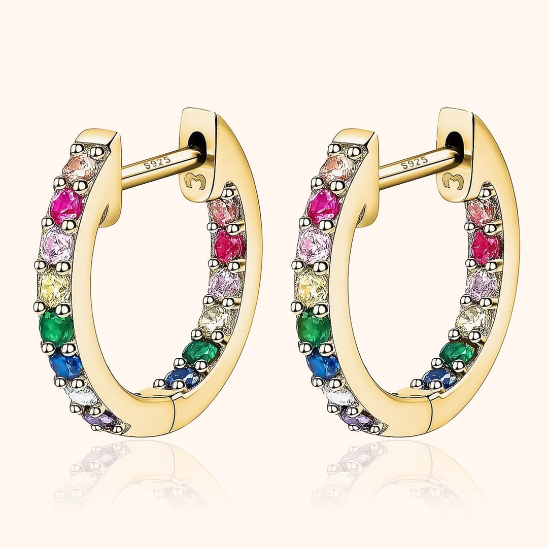 Colorful zirconia sparkling rainbow hoop earrings, women's sterling silver gold plated jewelry.