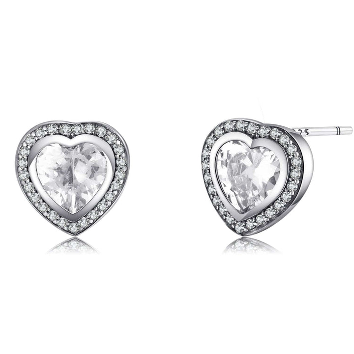 Dazzling silver heart-shaped earrings with brilliant zirconia stones, a stunning women's jewelry accessory.