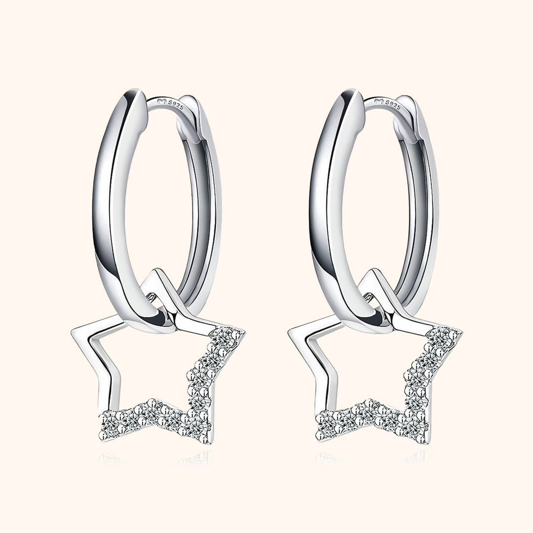 Sparkling star charm hoop earrings for women, gold plated sterling silver, elegant fashion jewelry.
