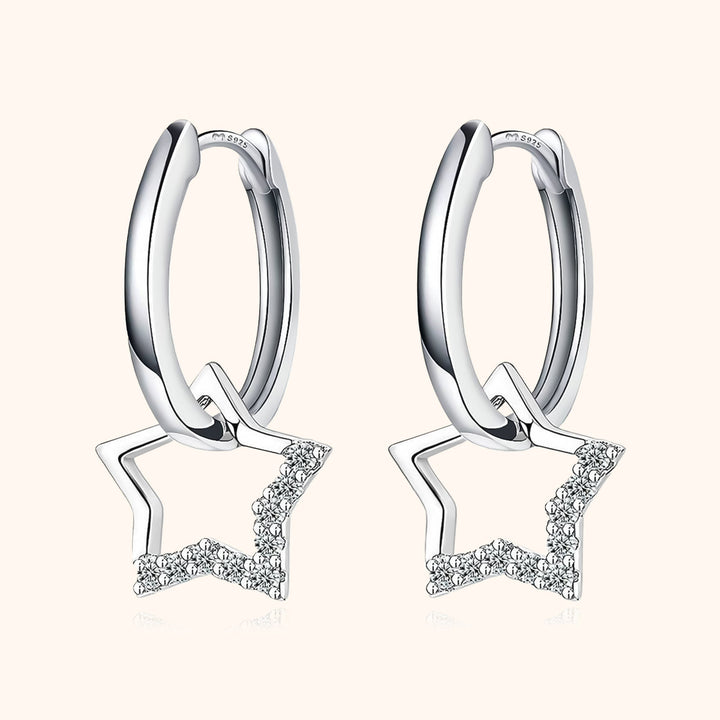 Sparkling star charm hoop earrings for women, gold plated sterling silver, elegant fashion jewelry.
