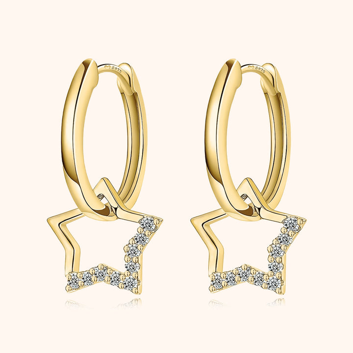 Elegant women's star dangle hoop earrings with sparkling charms, sterling silver, gold plated fashion jewelry.