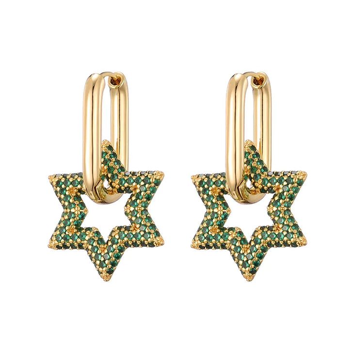 Close-up of sparkling women's star hoop earrings, showcasing intricate crystal detailing and glamour.