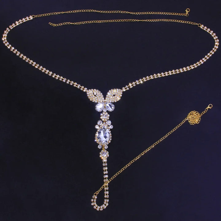 Dazzling women's butterfly rhinestone belly chain. Gold/silver waist chain, perfect sparkling body jewelry accessory.