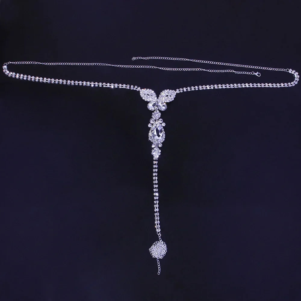 Glamorous women's butterfly rhinestone belly chain. Sparkling gold/silver body jewelry waist accessory.