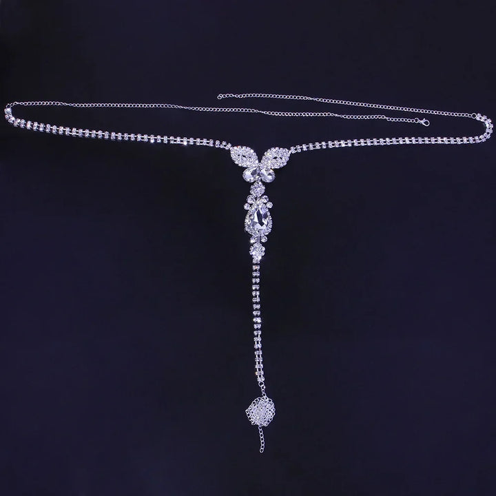 Glamorous women's butterfly rhinestone belly chain. Sparkling gold/silver body jewelry waist accessory.