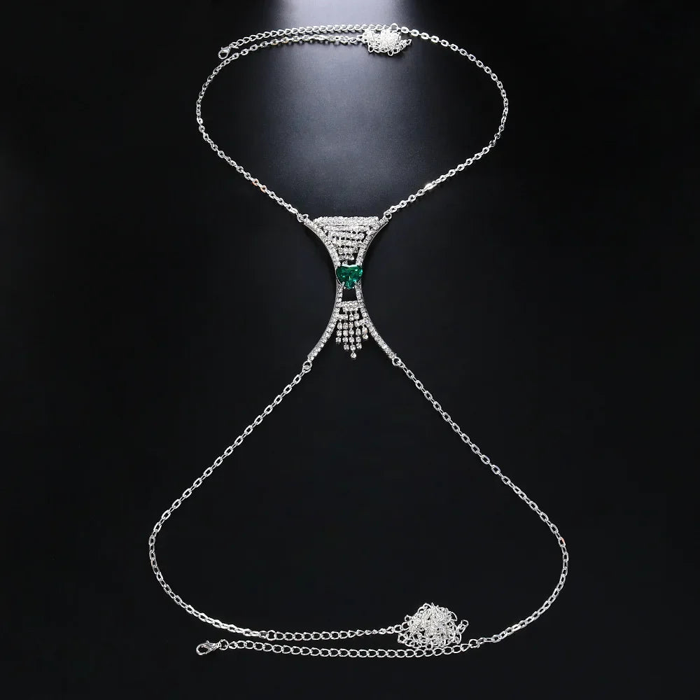 Beautiful women's heart crystal body chain, luxurious rhinestone jewelry for a dazzling look.