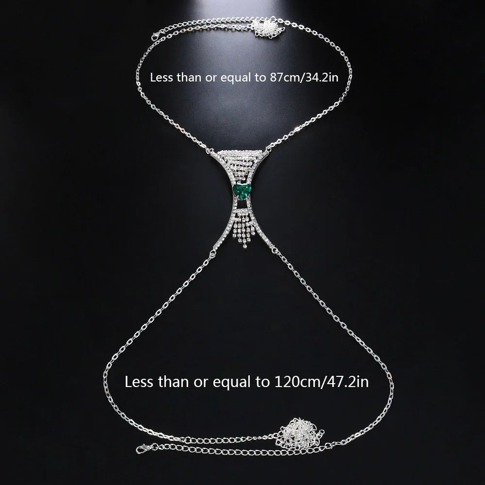 Gold tone women's body chain featuring multiple heart crystals, a dazzling statement accessory.