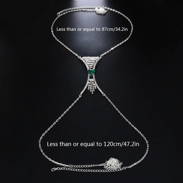 Gold tone women's body chain featuring multiple heart crystals, a dazzling statement accessory.