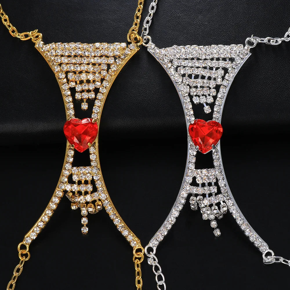 Glamorous women's heart crystal chest chain, perfect sparkling body accessory for special occasions.