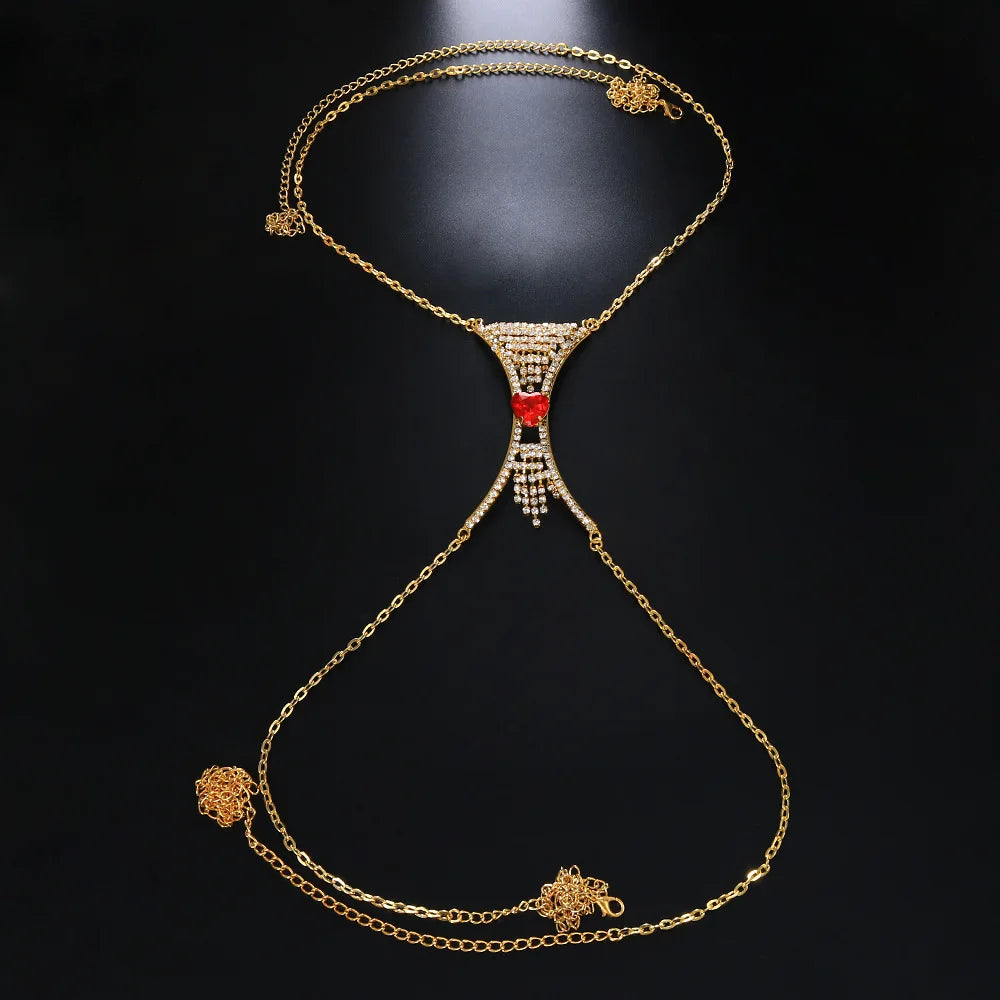 Women's silver tone body chain adorned with shimmering heart crystals, elegant and sparkling.