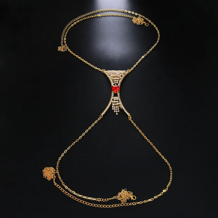 Women's silver tone body chain adorned with shimmering heart crystals, elegant and sparkling.