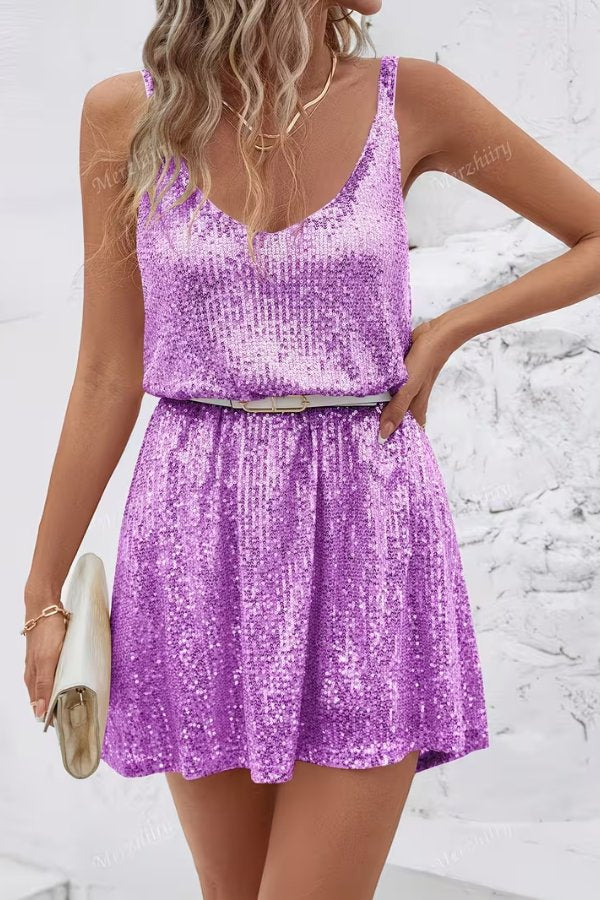 Festive sequin mini dress for women, v-neck cut, swing style, perfect for dazzling evening wear.