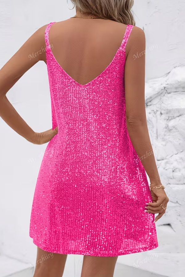 Women's short sequin dress, v-neck, swing silhouette, ideal for homecoming, parties & events.