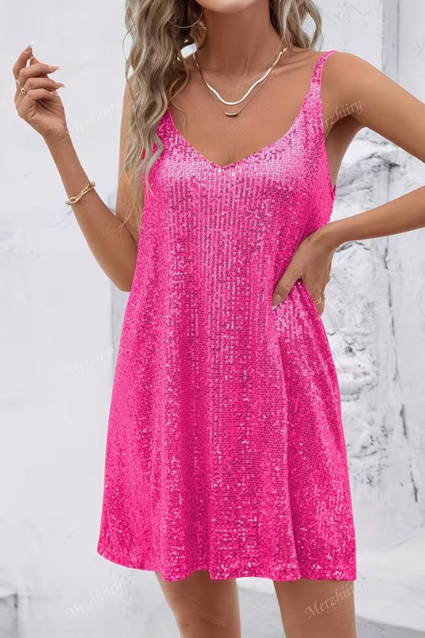 Shimmering women's sequin cocktail dress, v-neck mini, swing fit, party-ready, adjustable straps.