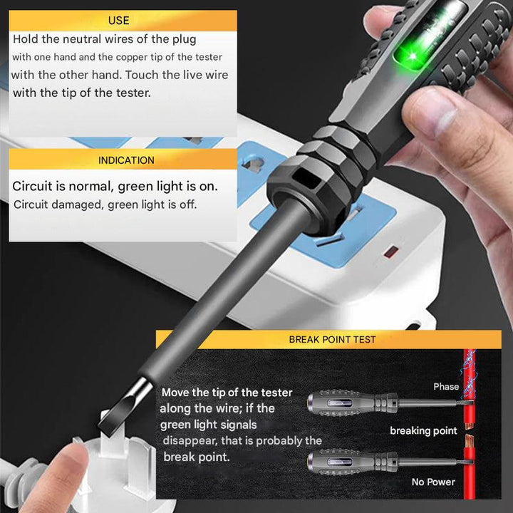 Close-up of SparkPro voltage detector tip, showing non-contact AC current testing feature for electrical safety.