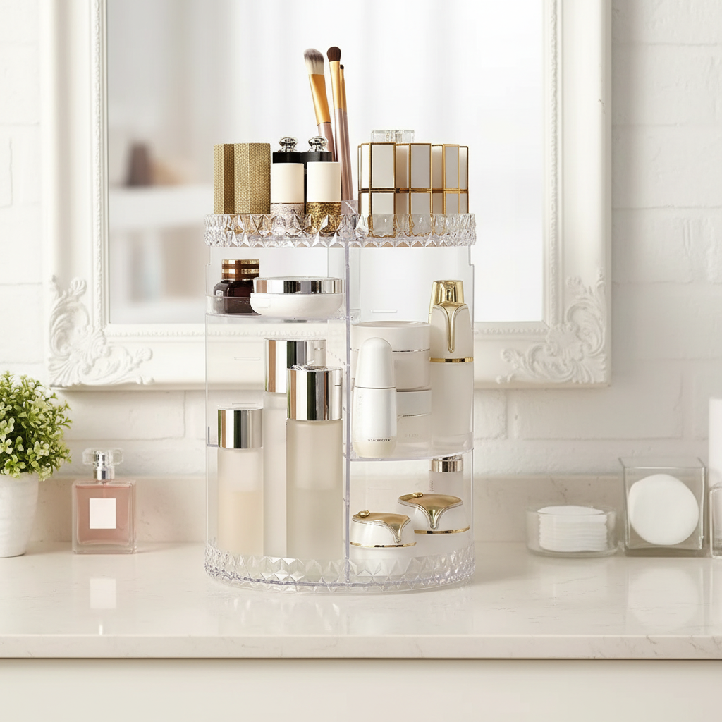 SpinLuxe rotating acrylic cosmetic organizer, clear 360-degree vanity storage for makeup collection.