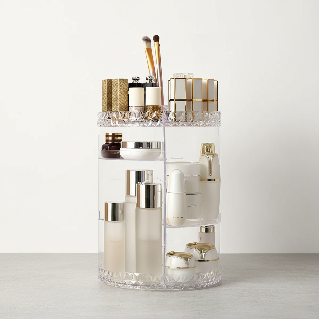 Unisex clear acrylic rotating desktop organizer, perfect for space-saving beauty storage and bathroom organization.