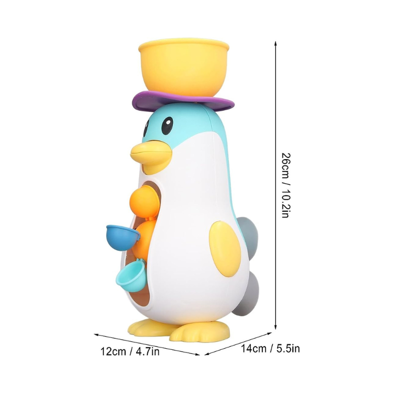 Kids' Splash Penguin Water Wheel bath toy, pouring water for joyful discovery & developmental fun.