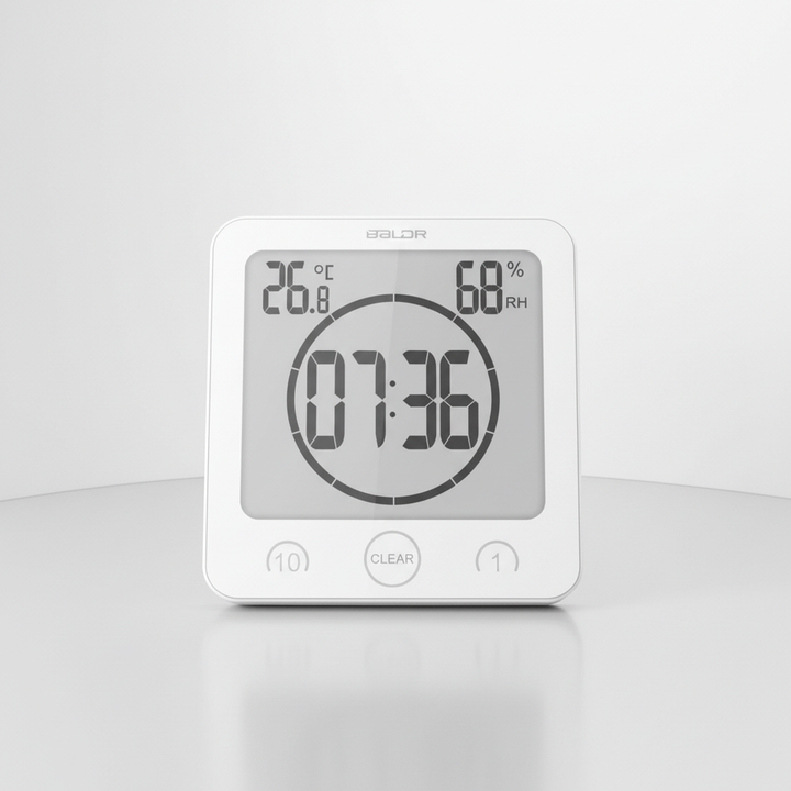 Waterproof digital shower timer by SplashClock, suctions securely to bathroom tiles