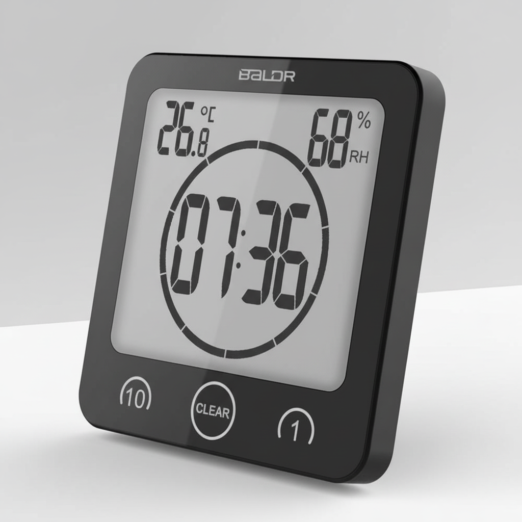 SplashClock waterproof digital timer showing time, ideal for bathroom and water conservation
