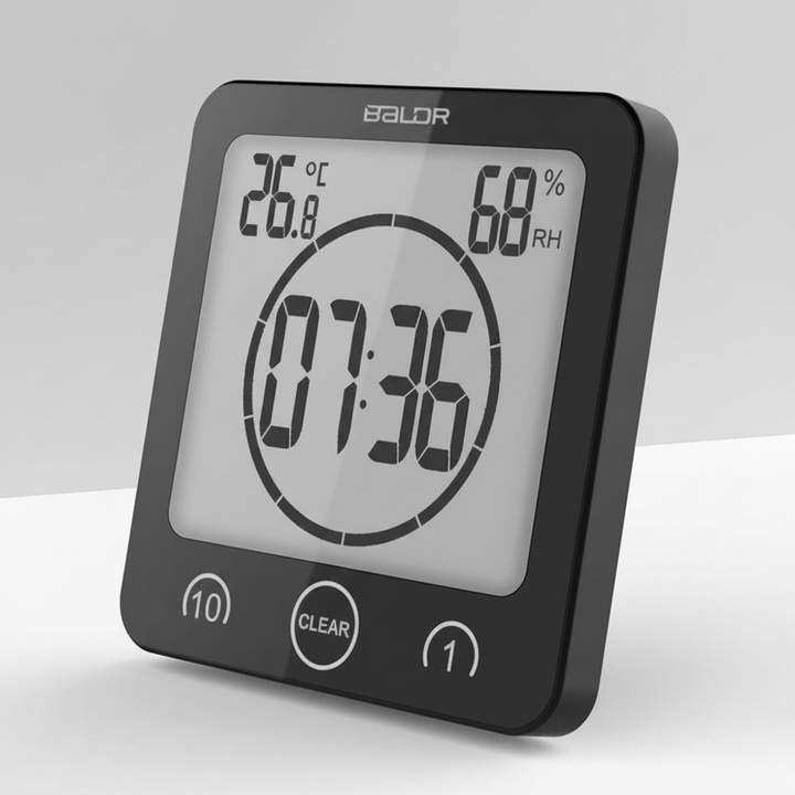 SplashClock waterproof digital timer showing time, ideal for bathroom and water conservation
