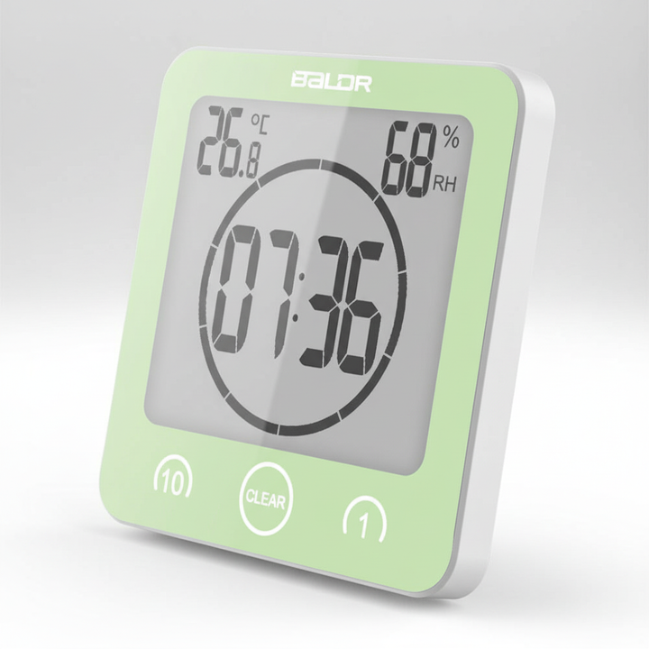 SplashClock digital shower timer with suction cup, a modern bathroom accessory for water saving