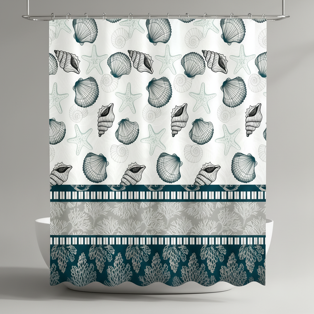 Full length view of SplashDot fabric shower curtain, showcasing its elegant drape and design