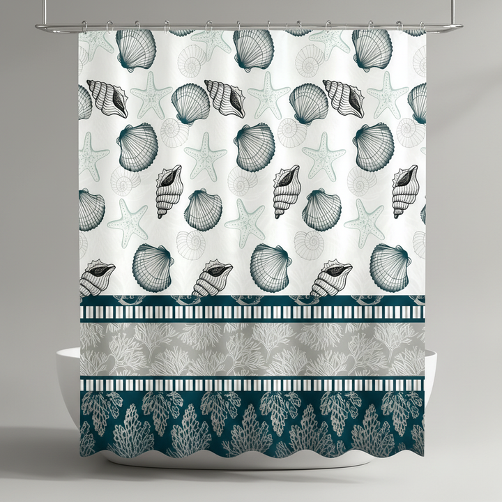 Full length view of SplashDot fabric shower curtain, showcasing its elegant drape and design