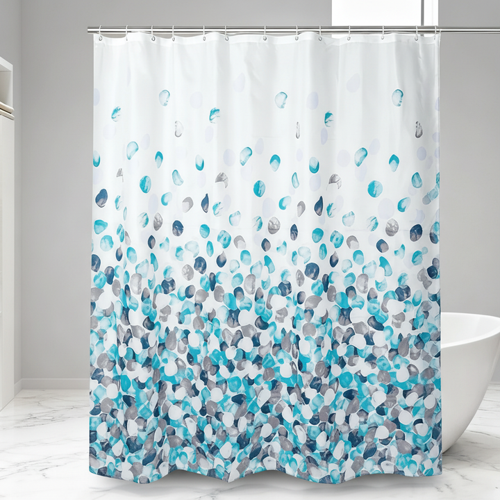 Close-up of SplashDot polyester shower curtain fabric texture, easy care, quick dry