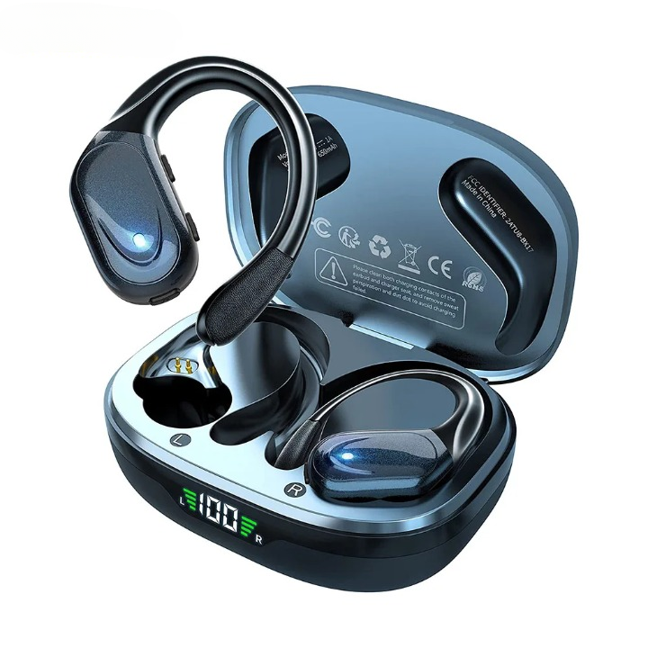 Sport earbuds with secure ear hooks, Bluetooth 5.3, built-in mic, and long 75-hour playback