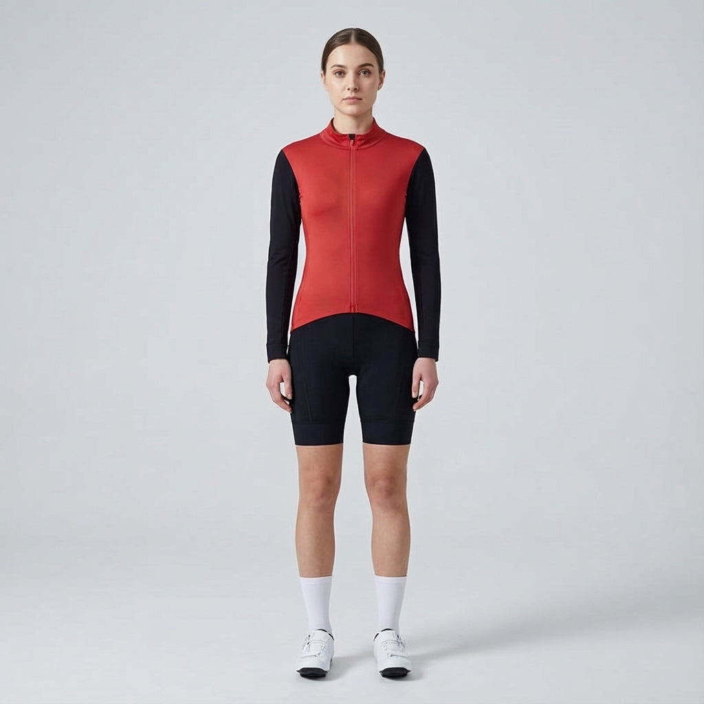 Three women's sporty cycling jackets side-by-side: pink, red, and black activewear for biking