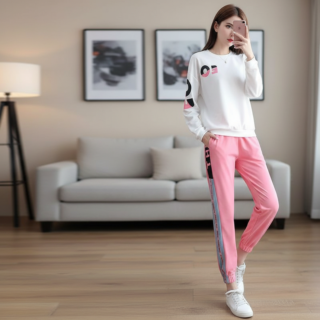 Sporty women's lounge set in cotton blend, perfect for casual athleisure comfort