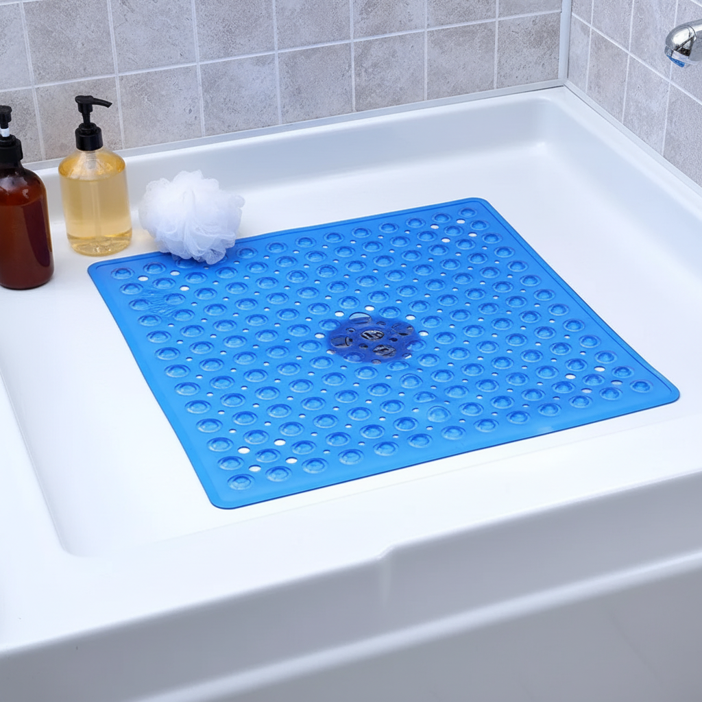 Square PVC shower mat GripSquare with strong suction cups for non-slip bathroom safety.