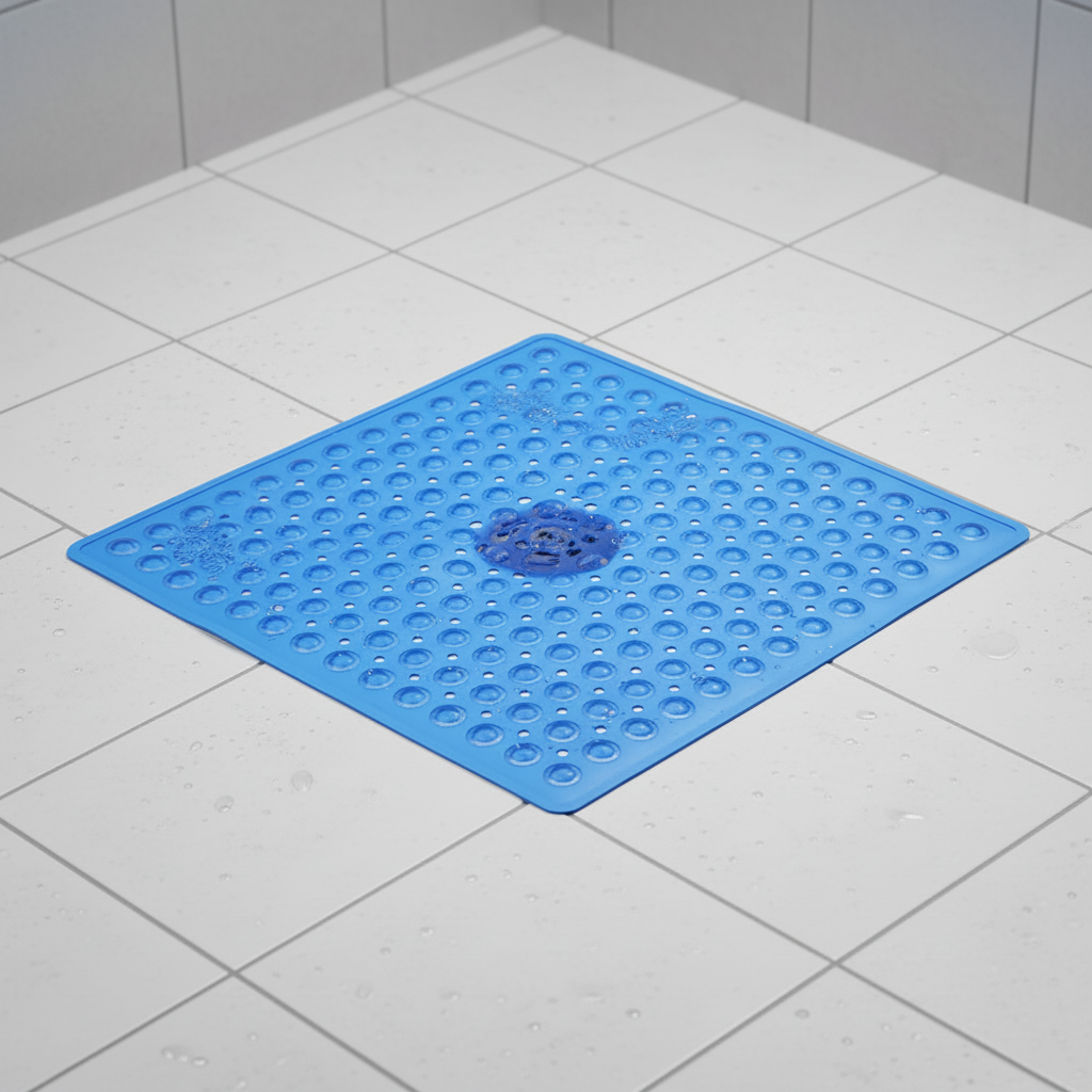 Unisex anti-slip PVC shower mat, GripSquare, ensuring reliable bathroom safety and hygiene.