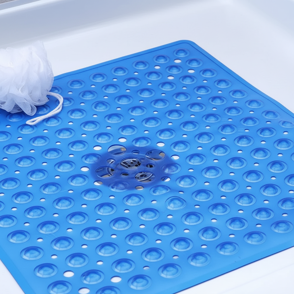 Non-slip square shower mat, GripSquare, in clear PVC for modern home decor.