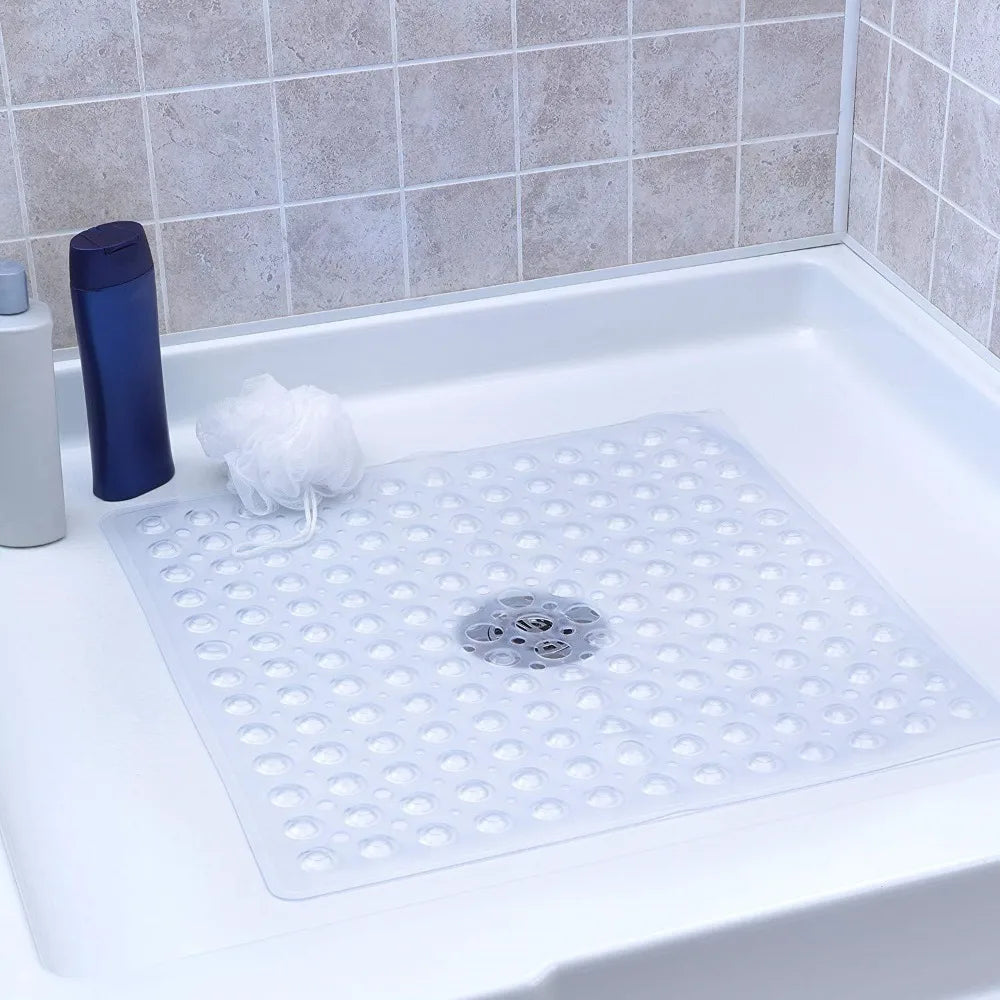 Bathroom safety with a durable PVC shower mat, GripSquare, featuring powerful suction cups.