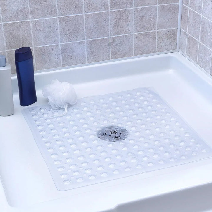 Bathroom safety with a durable PVC shower mat, GripSquare, featuring powerful suction cups.