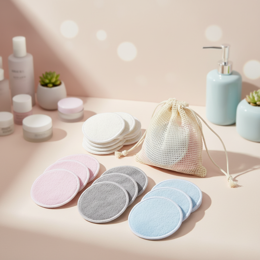 Stack of round reusable bamboo facial cleansing pads for eco-friendly makeup removal and skincare