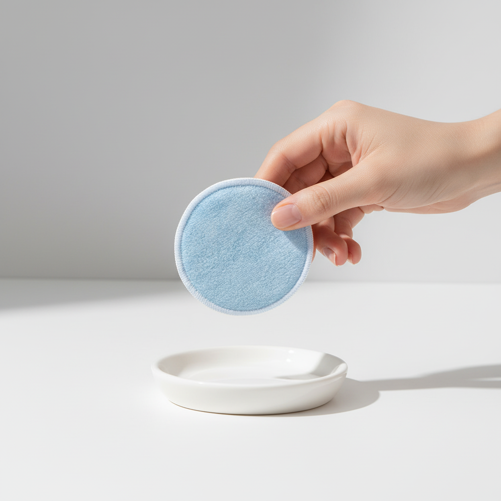 Close-up of soft white reusable bamboo cleansing pad, ideal for gentle facial skincare and makeup removal
