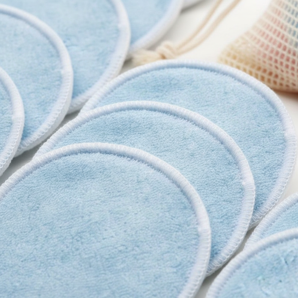 Reusable bamboo facial cleansing pads with a focus on their textured surface, perfect for sustainable skincare