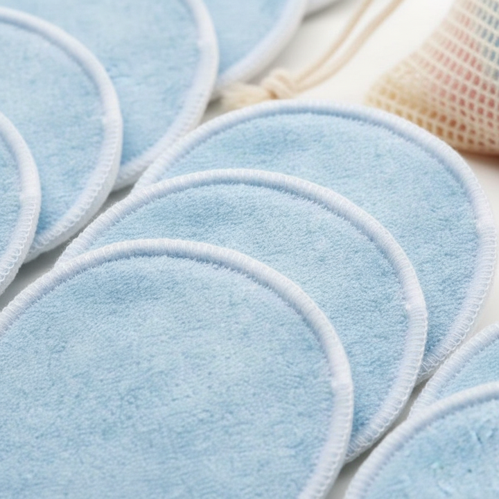 Reusable bamboo facial cleansing pads with a focus on their textured surface, perfect for sustainable skincare