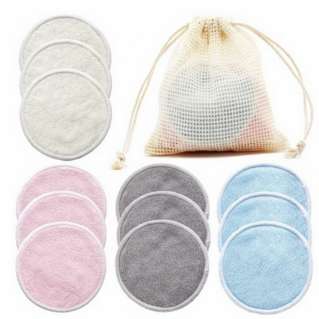 Group of bamboo facial cleansing pads in a sustainable, eco-friendly skincare setting, ready for reuse