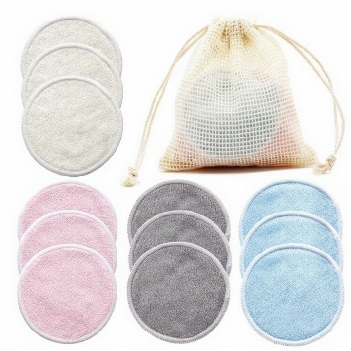 Group of bamboo facial cleansing pads in a sustainable, eco-friendly skincare setting, ready for reuse