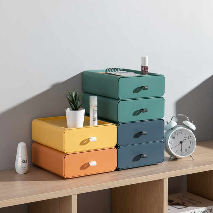 Stackable desktop drawer storage box, modern white plastic organizer for office supplies